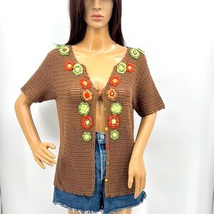 Vintage 90’s Boho Festival Coastal Grandma Crochet Macrame Beaded Cardigan